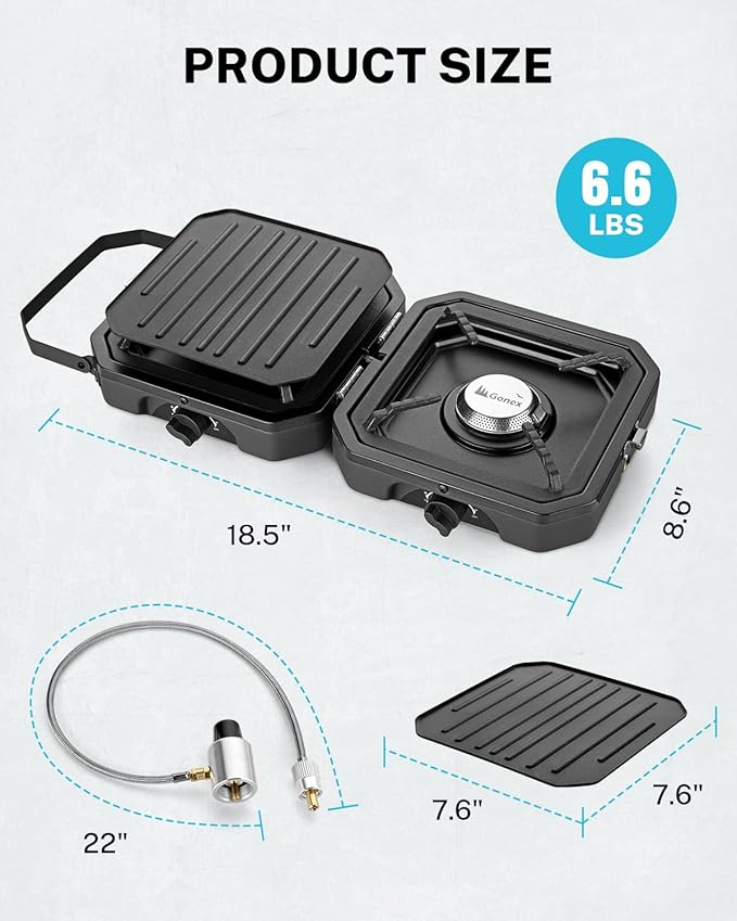 Gonex 2 Burner Propane Camping Stove with Griddle &amp Grates Portable Foldable Cooking Stove with Total 16000 BTU Two Piezo Ignition Adjustable Burners for Camping Patio Emergency Hiking (Blac