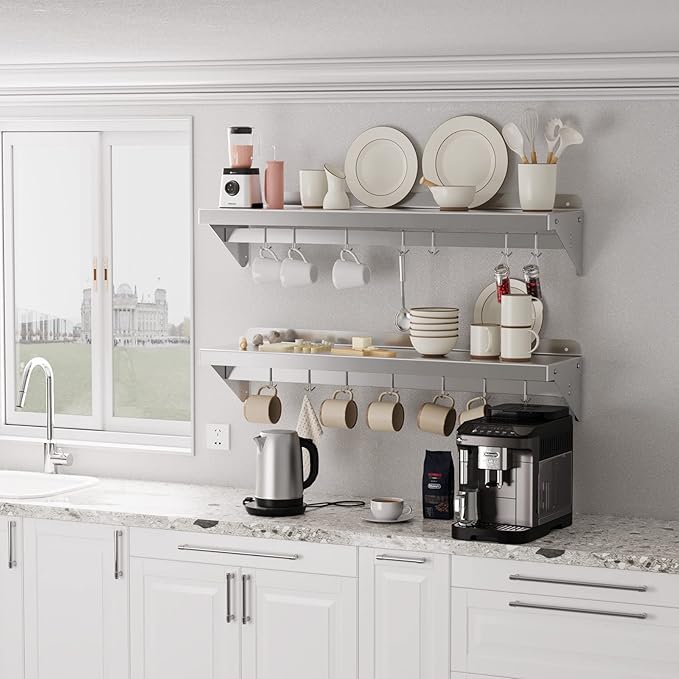 Stainless Steel Wall Shelf with Hooks - 12 x 48 Kitchen Storage Rack with Backsplash Metal Mount Organizer for Pots Pans Cookware for Home and Commercial Use NSF Certified