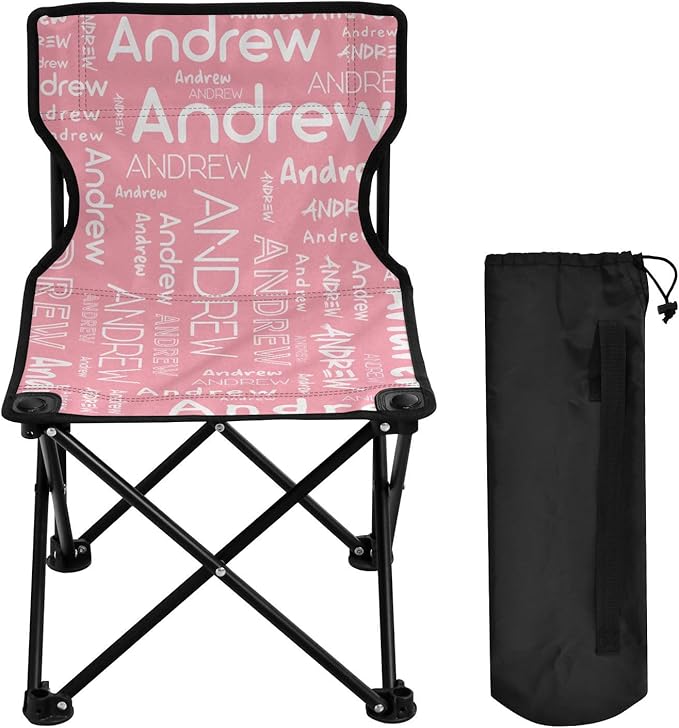 Sinestour Pink Custom Folding Camping Chair for Teen Child Personalized Name 14.6×14.6in Portable Outdoor Chair with Carry Bag for Travel Picnic Barbeques