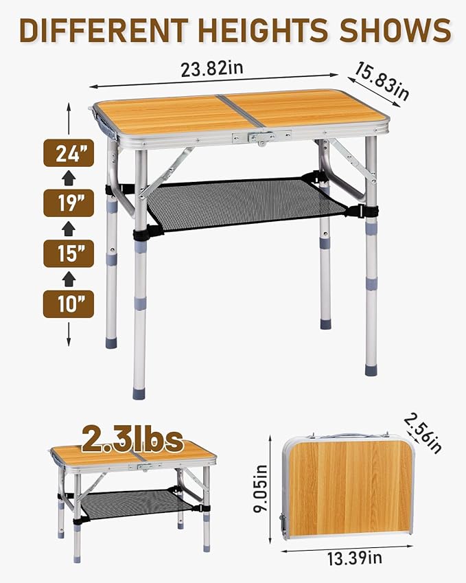 Outvita Folding Table 2FT Aluminum Camping Table with Storage Adjustable Height Picnic Table Lightweight for Carring Outdoor Party Events Beach