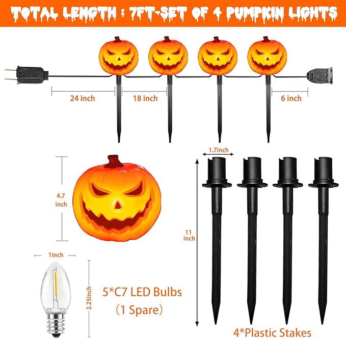 SUNSGNE Halloween Pathway Lights Set of 4 Halloween Pumpkin Stake Lights with 5 C7 LED Light Bulbs(1 Spare) Connectable Pumpkin Light for Path Walkway Driveway Garden Decorations