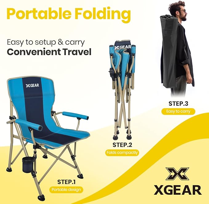 XGEAR Camping Chair with Padded Hard Armrest Sturdy Folding Camp Chair with Cup Holder Storage Pockets Carry Bag Included Support to 400 lbs