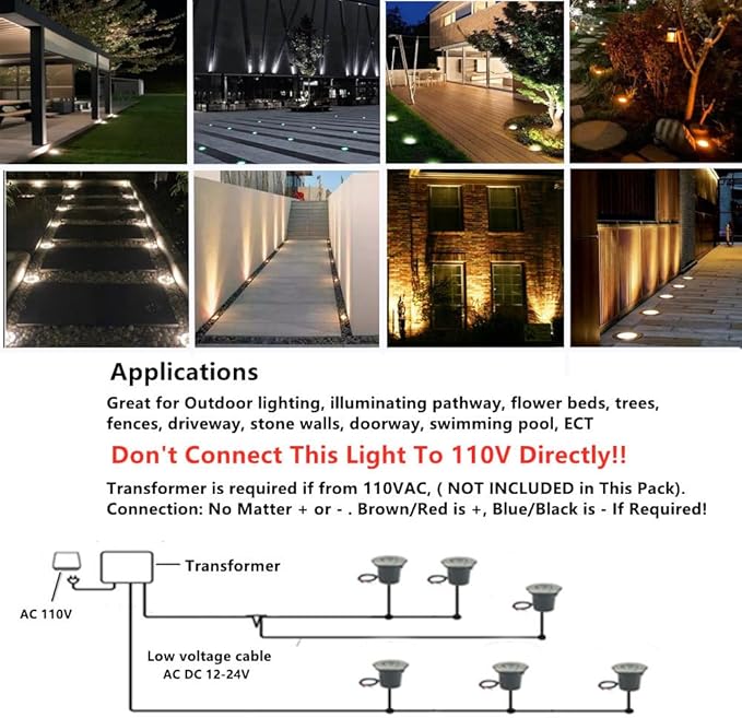 6 Pack 3W Warm White LED Well In Ground Landscape Lights IP67 Waterproof for Outdoor Lighting Garden Yard Patio Driveway Deck Step Pathway Low Voltage 12V 24V DC AC