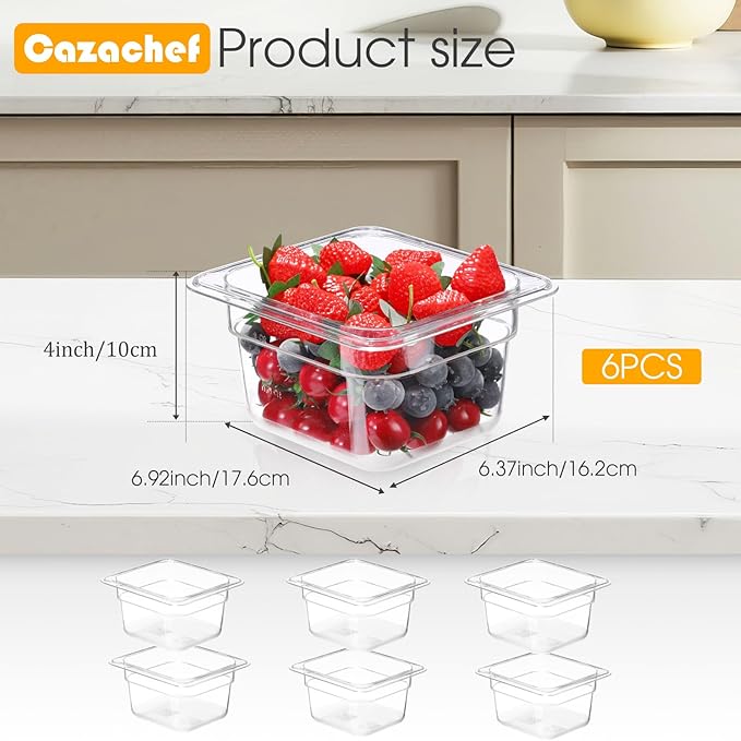 6 Pack 4'' Deep NSF Food Pans 1/6 Size Commercial Food Storage Containers Polycarbonate Plastic Pans for Restaurant Kitchen Commercial Grade for Food Prep Clear Dishwasher &amp Freezer Safe