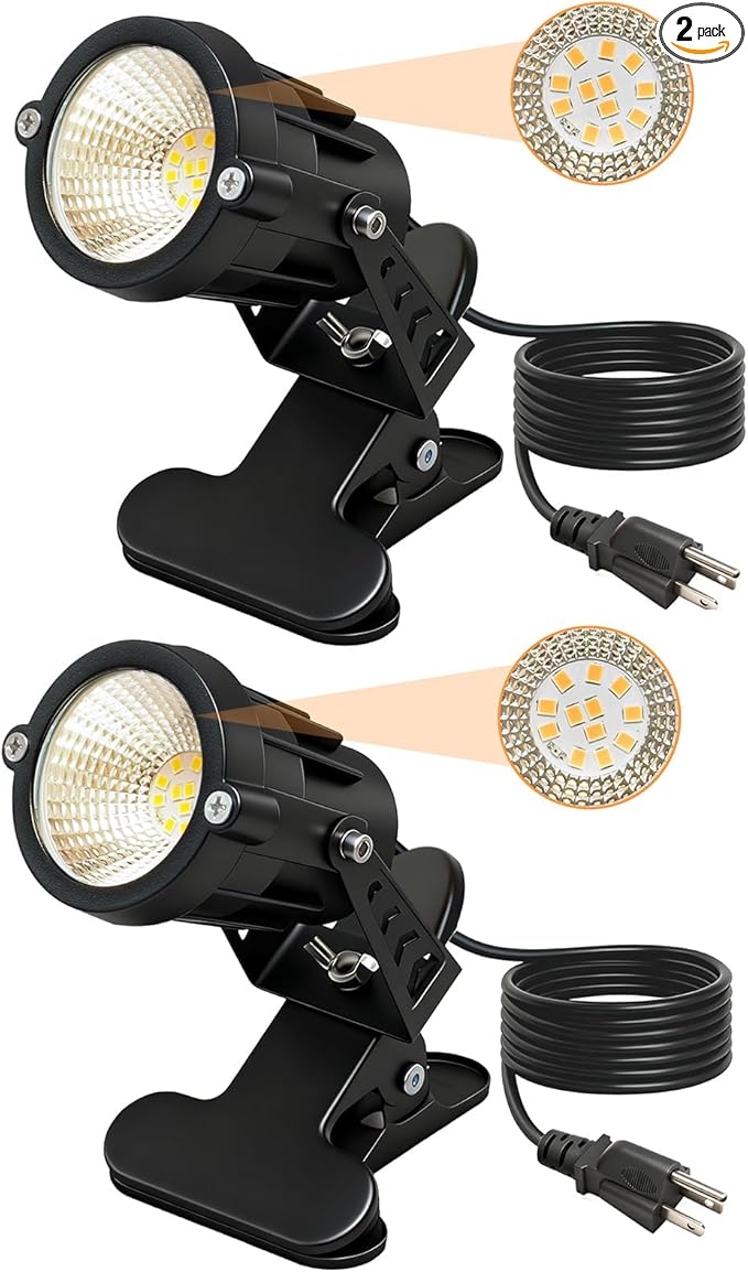 TAYSING Dusk to Dawn Outdoor Landscape Spot Lights with Clip 9W 800LM Plug in Spotlight 3000K Warm White IP66 Waterproof with 5FT Cord for Garden Tree Flag Pathway Patio 2 Pack