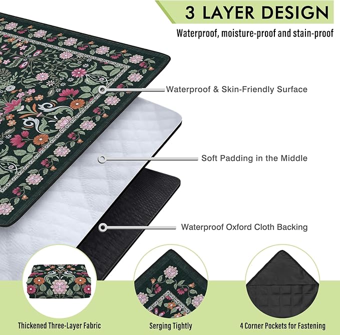 Floral Picnic Blankets Waterproof Foldable 60″X80″ Packable Picnic Mat Boho Outdoor Blanket for Grass Large Beach Blanket Sandproof Picnic Accessories for Camping Music Festival Park Lawn Travel