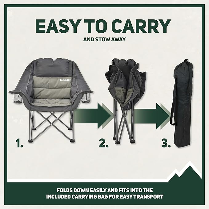 OUTSIDER Oversized Camping Chair Comfort Padded Lounge ChairOutdoor Camp Folding Chair Balcony Lounge 400lb Capacity