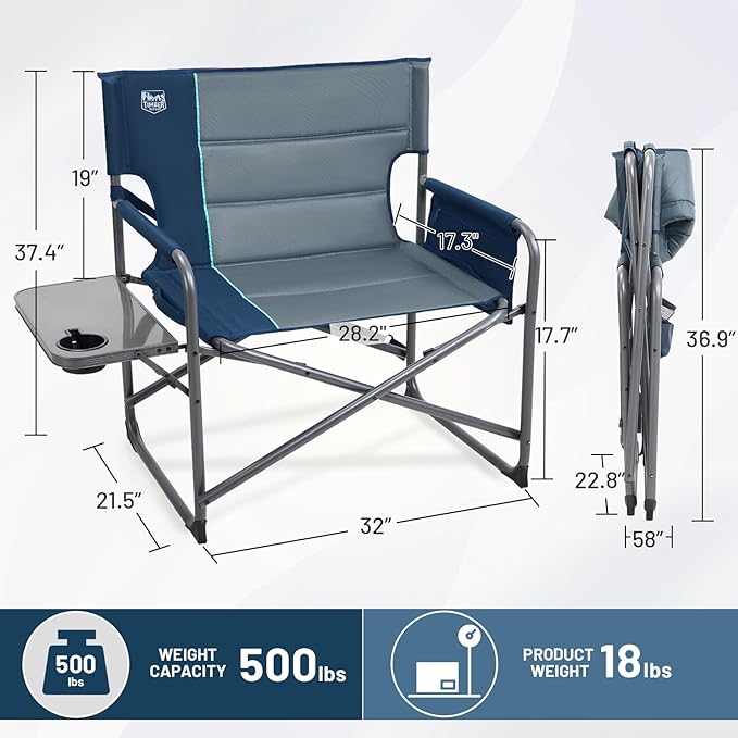 Timber Ridge XXL Extra Wide Foldable Directors Chair with Side Table 500 lbs Heavy Duty Camping Chairs for Adults Oversized Folding Lawn Chair for Lawn Beach Sports Outdoor Blue