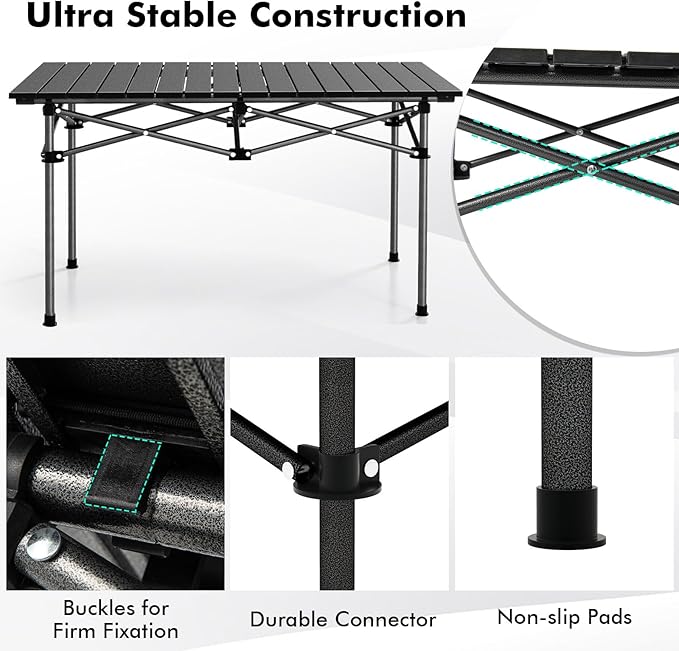 Tangkula Aluminum Folding Camping Table Lightweight Roll-up Camp Table for 4-6 People with Large Tabletop &amp Carry Bag Portable Picnic Table for Outdoor Camping Travel BBQ Party