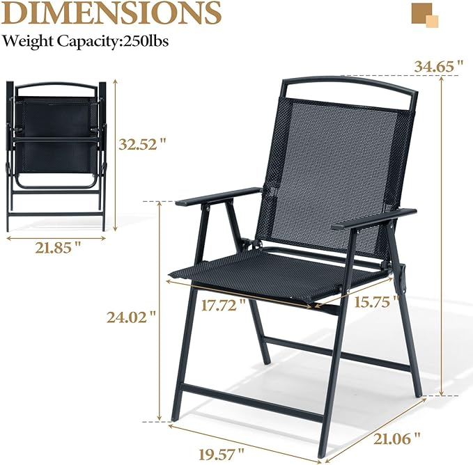 Crestlive Products Patio Folding Chairs Set of 4 Foldable Outdoor Chairs with Durable Rust-Resistant Frame and Breathable Textilene Material for Outside Black