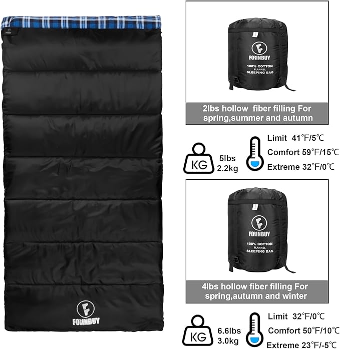 Flannel Sleeping Bag Cold Weather for Adults XL Camping Cotton Sleeping Bag 4 Season Big and Tall Waterproof with Compression Sack