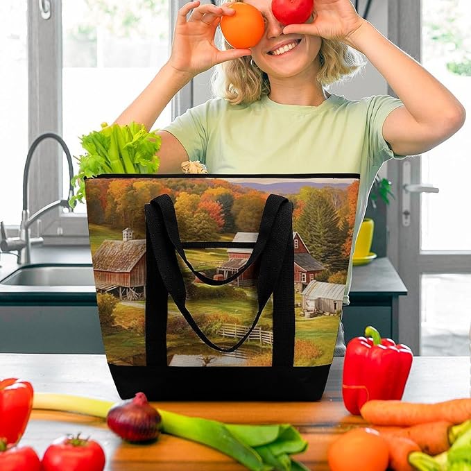 Insulated Shopping BagLarge Reusable Cooler Bags Country Farm Printed Foldable Shopping BagTravel Waterproof Shoulder Bag