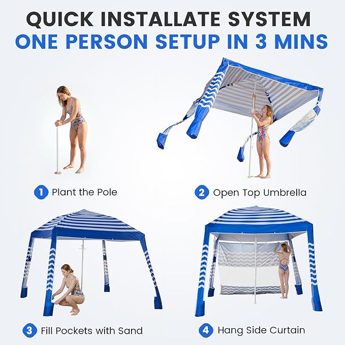 Zeraty Beach Cabana 8'×8' Portable Beach Canopy with Side Wall Easy Pop Up UPF 50+ Silver-Coated Beach Tent Sun Shelter Wind Resistant Adjustable Height Beach Umbrella Tent for Family Navy Blue