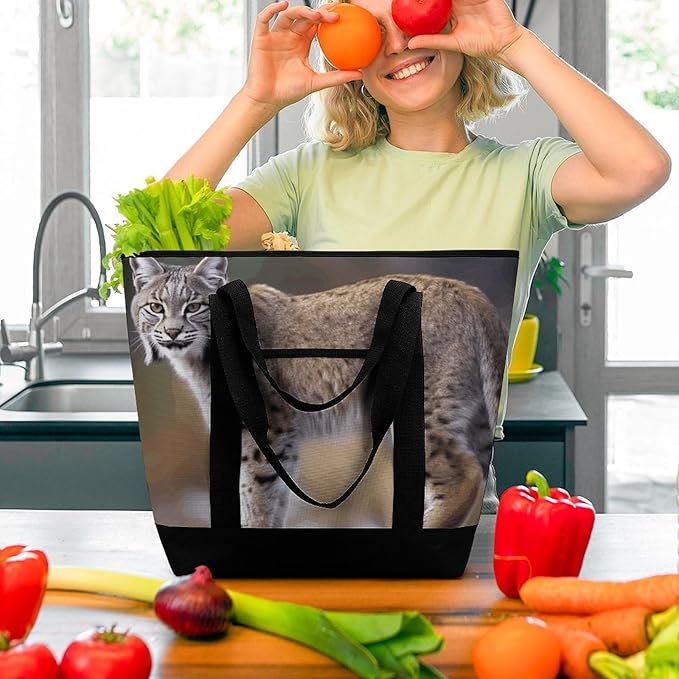Insulated Shopping BagLarge Reusable Cooler Bags Wild Bobcat Printed Foldable Shopping BagTravel Waterproof Shoulder Bag