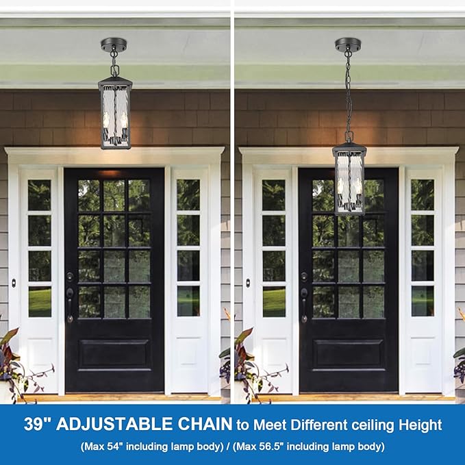 Outdoor Pendant Lights for Porch Chandelier Outdoor Pendant Lights Dusk to Dawn 2-Light Modern Hanging Porch Lights Exterior Hanging Light Fixture with Water Ripple Glass for Patio Gazebo