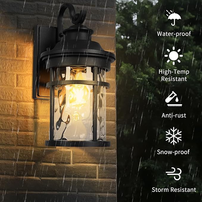 Treekee Outdoor Light Fixture Wall Mount Modern Exterior Wall Sconce with Water Ripple Glass &amp E26 Sockets for Front Porch Farmhouse Rustic Black Wall Lantern Lamp for Patio Garage Home Yard