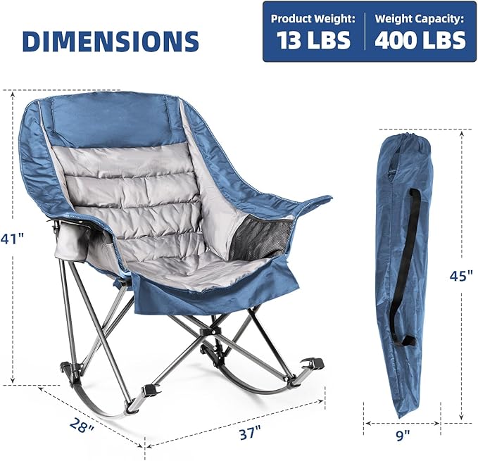 Oversized Rocking Camping Chair for Adults - Heavy-Duty 400lbs Capacity Portable Folding Camp Chair with Side Pocket Fully Padded Outdoor Rocking Chair for Camping (Light Blue &amp Gray)