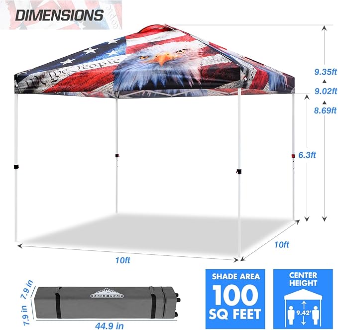 EAGLE PEAK Pop Up Canopy Tent with Wheeled Carry Bag 8 Stakes 4 Ropes 4 Weight Bags Easy Set Up Tent Canopy 10x10 ft 100sqft of Shade American Icon