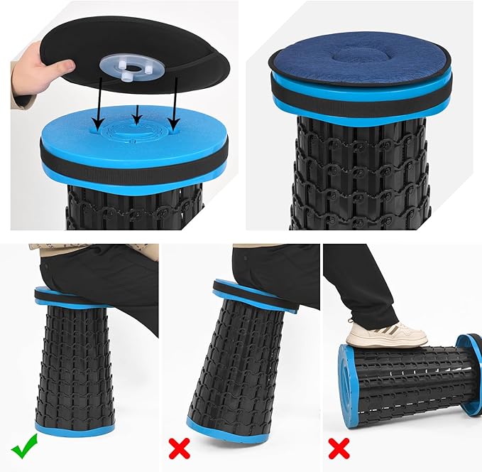 2 Pack Upgraded Folding Stool 19.7 Collapsible Stool Height Max Weight 1000lbs Portable Telescoping Seat with Cushion and Storage BagRetractable Folding Chair for Camping Hiking Outdoor BBQ-Blue