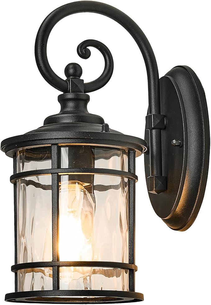 Outdoor Wall Lamps Exterior Waterproof Wall Sconce Light Fixture with Water Ripple Glass Die-Casting Aluminum Black Waterproof Wall Mount Light for Porch Garage Yards