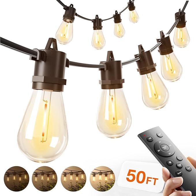 addlon 50FT LED Outdoor String Lights Remote Dimmable Patio Lights with Timer &amp 3 Lighting Modes 16 Shatterproof Edison Bulbs Waterproof Connectable String Lights for Outside Backyard Party Déc