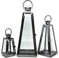 Allgala 3-PC Lantern Set 24 Inch Jumbo Deluxe Modern Indoor/Outdoor Candle Lantern Set Black Stainless Steel Tapered Trapezoid Frame with Tempered Glass for Garden Patio Fireplace Wedding