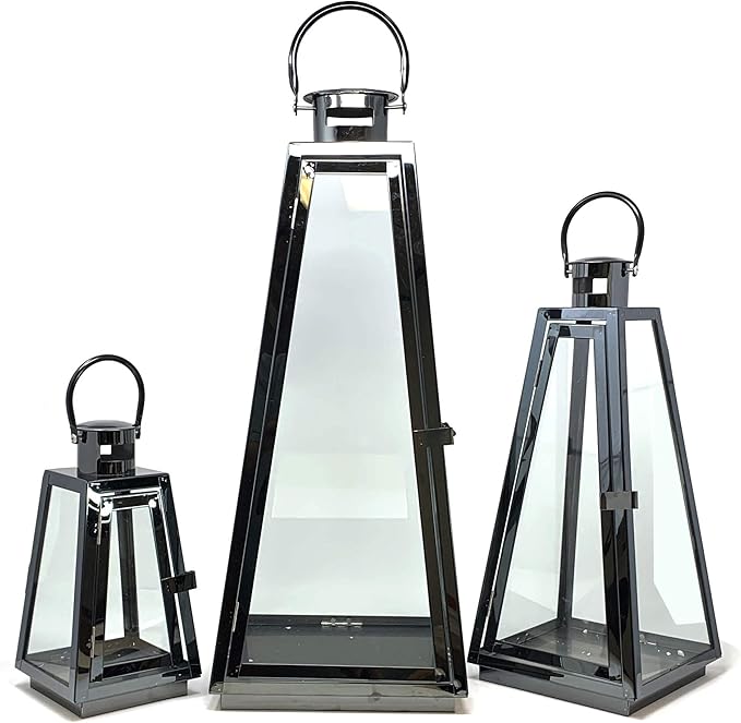Allgala 3-PC Lantern Set 24 Inch Jumbo Deluxe Modern Indoor/Outdoor Candle Lantern Set Black Stainless Steel Tapered Trapezoid Frame with Tempered Glass for Garden Patio Fireplace Wedding