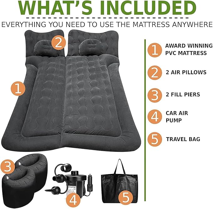 ZONETECH Car Inflatable Trunk Air Mattress- Flocking Travel Blow Up Bed with Pump and 2 Pillows Universal for Cars SUVs or Trucks 2 Pack