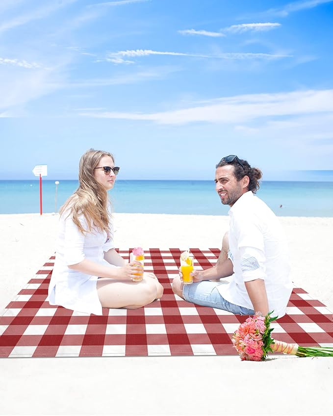 Beach Blanket Waterproof Sandproof Vintage Red White Checker Plaid Quick Drying Beach Mat with 4 Stakes Farmhouse Buffalo Check Lightweight Picnic Blanket for Travel Camping Outdoor 83x79