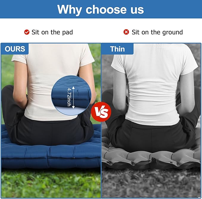 Sleeping Pad 4.7 Extra-Thick &amp Ultralight Inflatable Camping Mat with Pillow Built-in Foot Pump Compact for Backpacking Camping Hiking Travel — Navy Blue