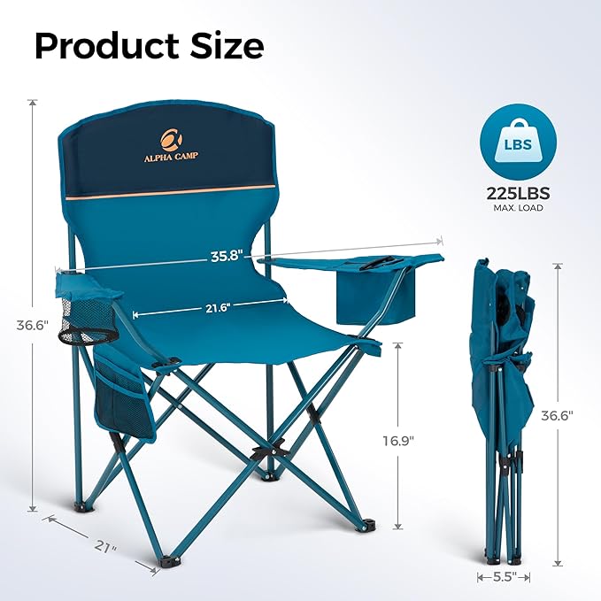 ALPHA CAMP Camping Chair 2 Pack Portable Chair with 3-Can Cooler Folding Chair with Side Pocket and Cup Holder Collapsible for Camping Tailgates Beach Fishing and Sports2PC