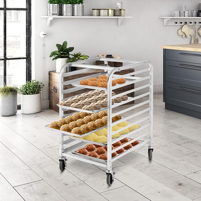 ReunionG 10 Tier Bun Pan Rack Bakery Rack with 2 Lockable Wheels 10 Sheet Aluminum Storage Cooling Trolley with Open Shelf Dough Pizza Baking Mobile Rack for Home Commercial
