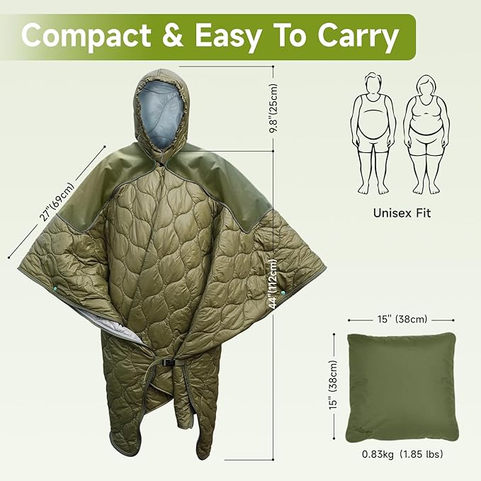 Sleeping Bag for Adult Wearable Blanket Insulated Poncho Hooded Sleepingbag Quilt for Winter Camping Hiking Sports
