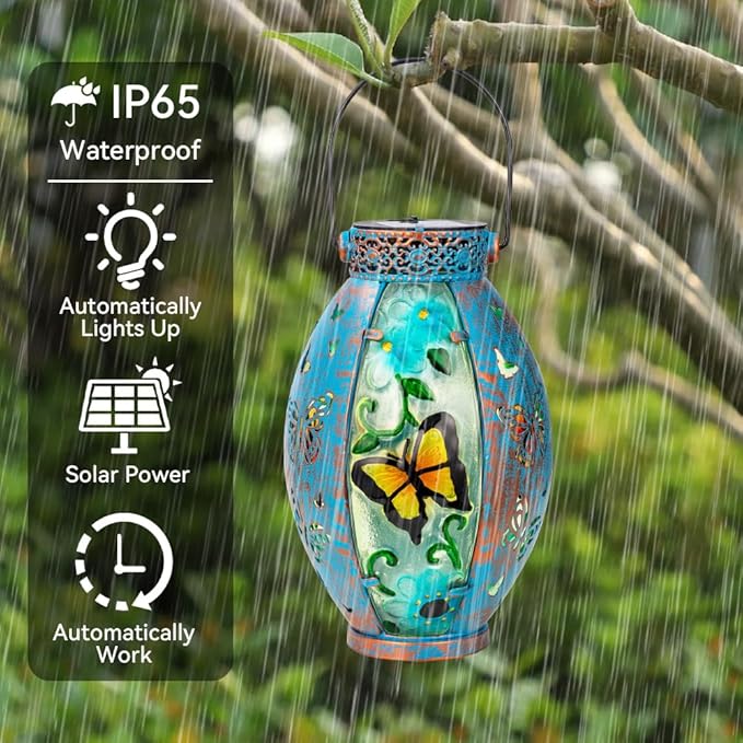 Butterfly Hanging Solar Lantern Outdoor Garden Decor Butterfly Lantern Memorial Gardening Gifts for Mom Grandma Solar Lights for Outside Waterproof Table Decor