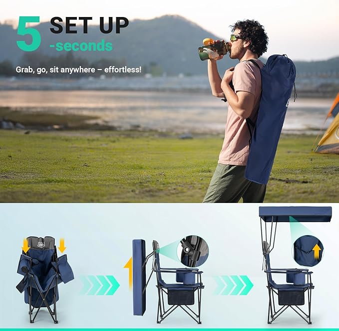 Overmont Beach Chair with Canopy Shade and Cooler - Support 330lbs Oversized Folding Camping Chair with Umbrella- Cup Holder - Cool Bag - Lounge Chair for Sand Travel Outdoor Pool Sports Blue