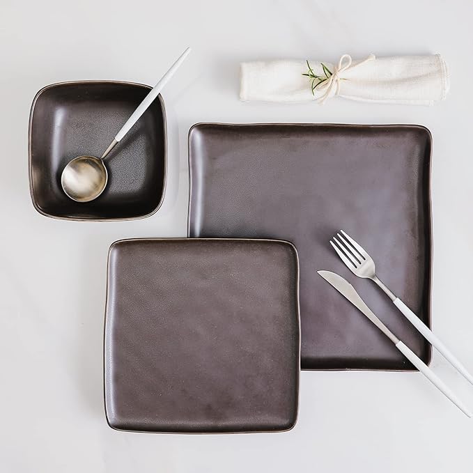 Stone Lain Jonny Stoneware 12 Piece Dinnerware Set Home Kitchen Modern Square Dish Set with Dinner Plates Salad Plates &amp Bowls Brown