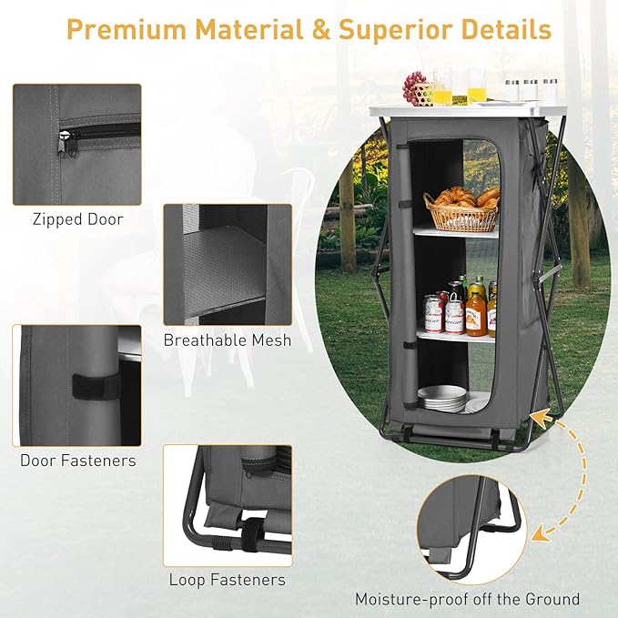 Goplus Folding Camping Storage Cabinet Pop Up Outdoor Camping Kitchen Station with Large 3-Tier Storage Organizer Carry Bag Easy Set Up Portable Compact Camping Table for BBQ Picnic Backyard (47'')