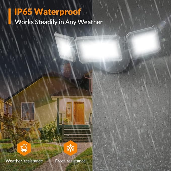 LEPOWER 42W Flood Lights Outdoor - 4200LM Bright LED Security Lights Outdoor with 3 Heads Switch Controlled Exterior Flood Light &amp 220° Wide Angle IP65 Waterproof for Garage Yard Porch (White)