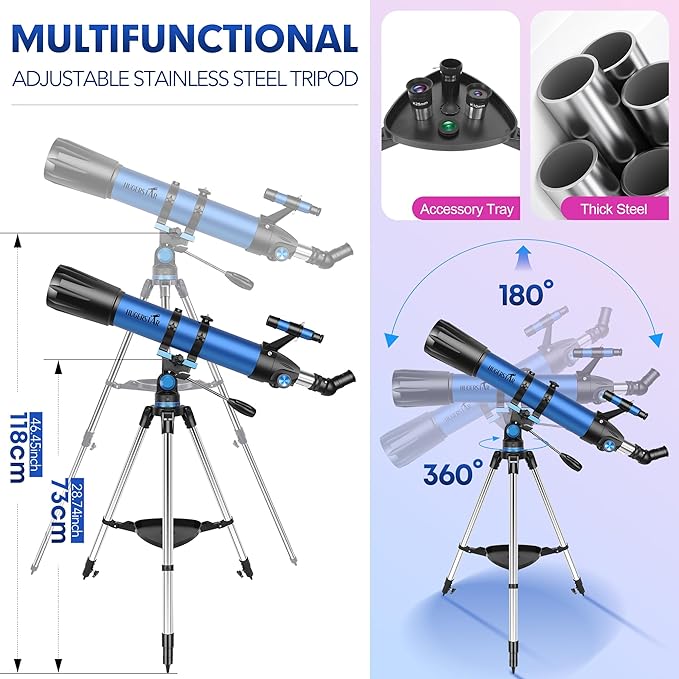 Telescope Telescope for Adults High Powered 90mm Aperture 800mm Professional Refractor Telescopes for Adults Astronomy Beginners with AZ Mount Stainless Tripod Carry Bag and Moon Filter