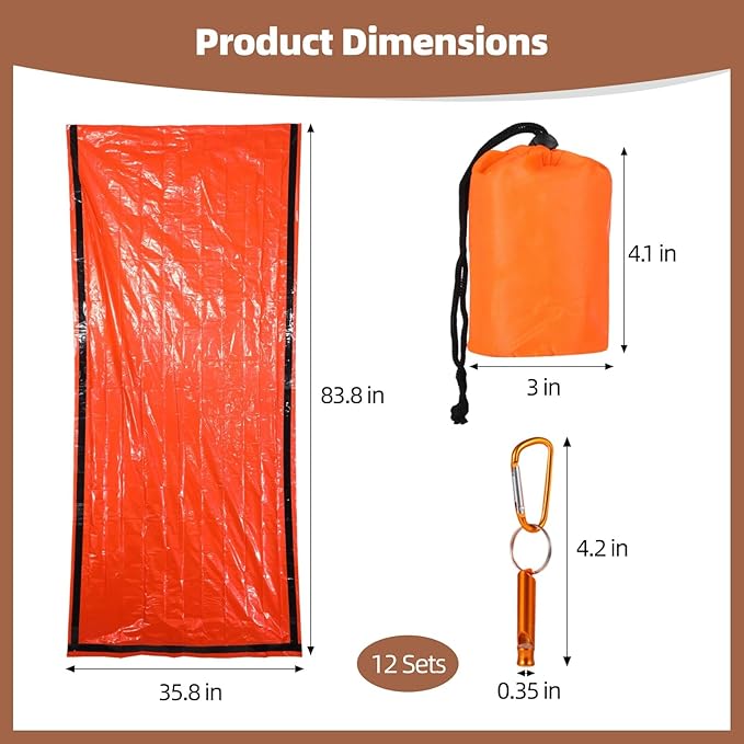 Waterproof Survival Bivvy Sack with Whistle 12-Pack Emergency Sleeping Bags for Camping Hiking and Outdoor Adventures