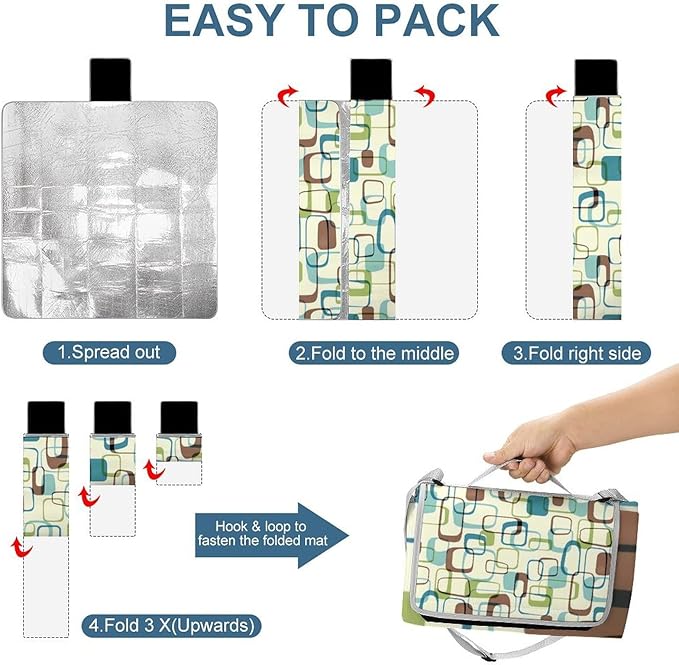 Colorful Retro Mid Century Modern Atomic Pattern Waterproof Outdoor Picnic Blanket Sandproof Beach Mat for Camping Hiking Grass Travelling