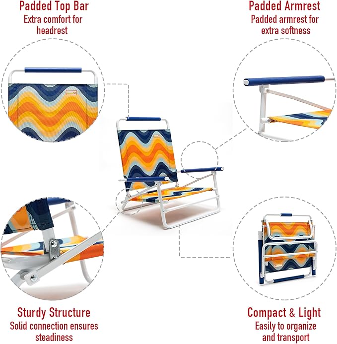 SunnyFeel Low Folding Beach Chair for Adults Lightweight Beach Chair Portable Camping Sand Chairs with Hard Armrest Supports 300lbs for Beach Lawn Concert
