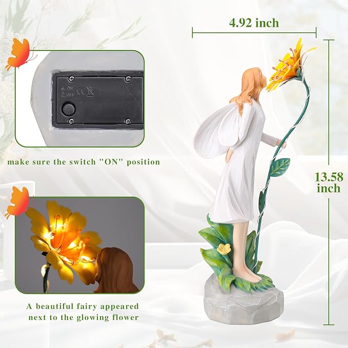 Fairy Garden Statue Outdoor Decor Solar Powered Garden Sculptures Fairy Resin Statues Waterproof Yellow Flower Solar LED Lights Yard Art Decorations for Outside Patio Lawn Decor