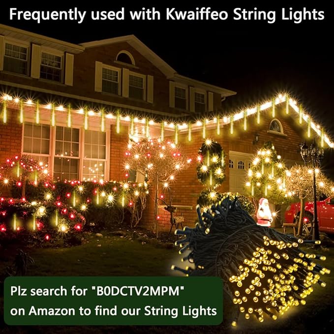 Kwaiffeo Warm White Christmas Lights Outdoor 24 Tubes(Equivalent to 3 Sets of 8-Tube) LED Meteor Shower Lights for Xmas Wedding Party Decorations Warm White Fairy Icicle Light for Yard Outside
