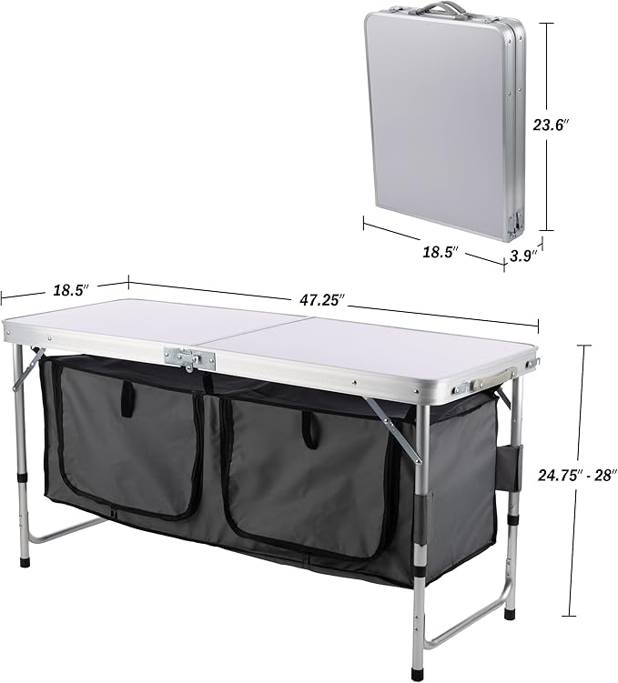 Folding Camping Table with Storage - Lightweight and Portable Aluminum Camp Table with Adjustable Height for Outdoor Travel Beach BBQ Party Picnic and Glamping by Wakeman Outdoors