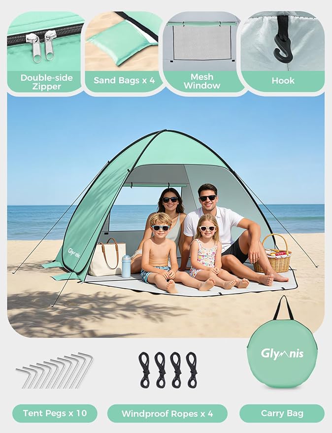 Glymnis Pop Up Beach Tent Beach Shade Tent for 1-4 Persons Sun Shelter UPF 50+ Enclose Zipper Door Portable Easy Up Beach Tent