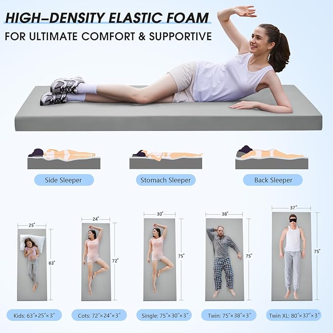 CYMULA Memory Foam Camping Mattress Pad3inch Sleeping Pad for CampingNon-Slip Bottom Floor Cot Car Mattress Bed with Retaining Portable Roll up Mattress Pad Mat for Travel Truck Guest Bed Tent