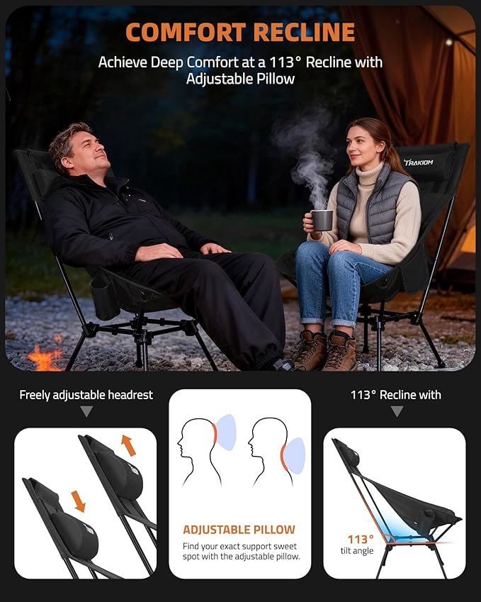 High Back Folding Camping Chair Widened Seat &amp Lightweight Black Portable Chair with Stable Design Adjustable Head Support for Beach Camping Festival Hiking and Outdoor Travel