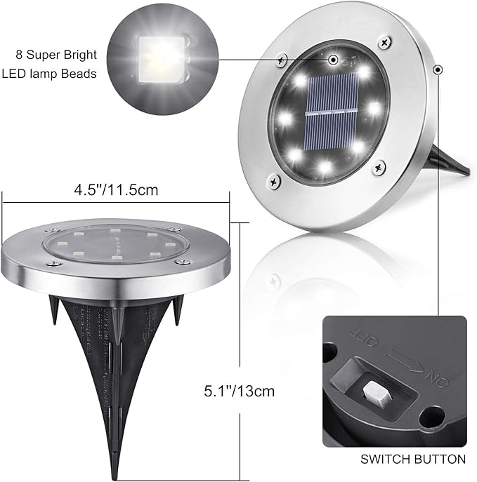 LYHOPE Solar Ground Lights Outdoor 16 Pack 8 LED Solar Disk Lights Waterproof Garden In-ground Pathway Light Landscape Lighting for LawnYardDeckPatioWalkway (White)
