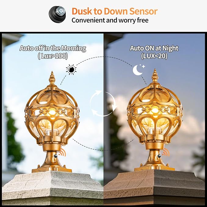 2Pack Dusk to Dawn Gold Outdoor Post Lights Exterior Waterproof Rustproof Sphere Outside Post Lamps Fixture Farmhouse Aluminum Pillar Lantern for Porch House Pathway Fence Yard Garden Patio